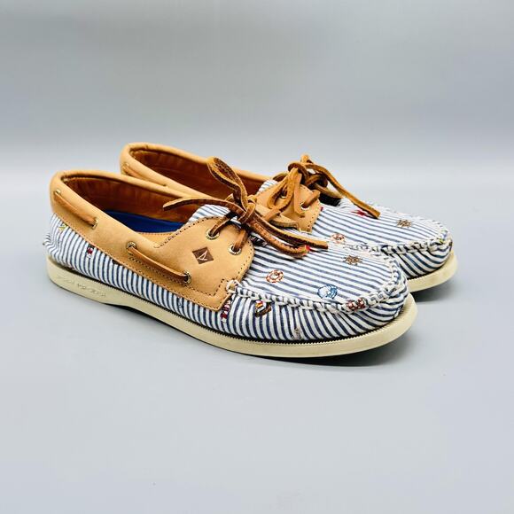 Sperry Shoes Womens 8.5 Blue White Stripe Leather Boat Nautical Embroidered - Picture 2 of 12
